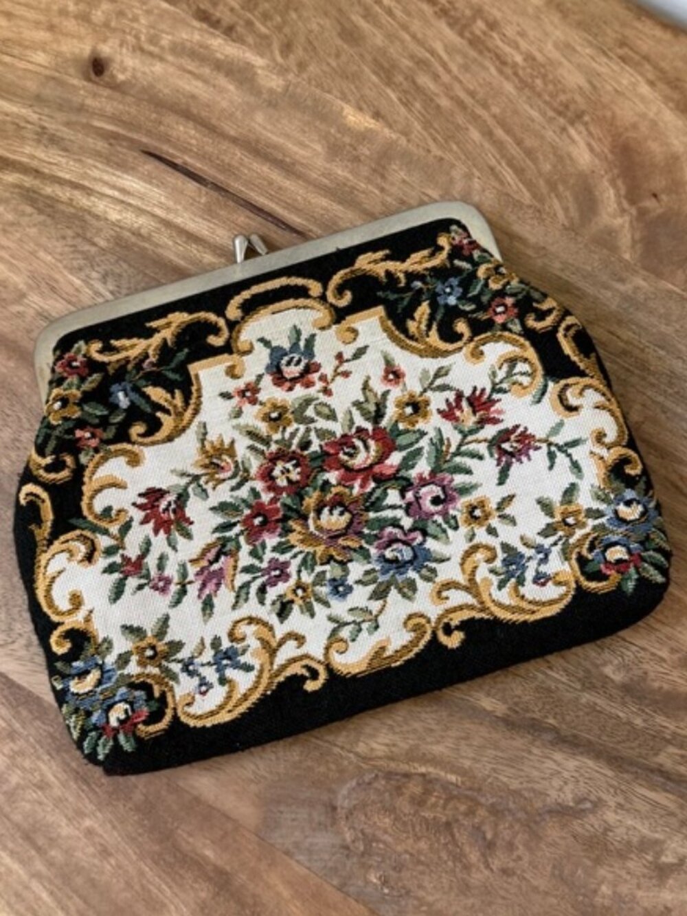 Vintage WALBORG Floral Woven Tapestry Evening Clutch Bag Kiss Lock